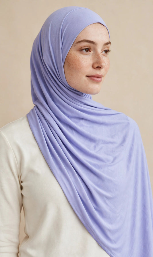 Model wearing the Ink premium jersey hijab styled with a cream top - Concealed Muslimah