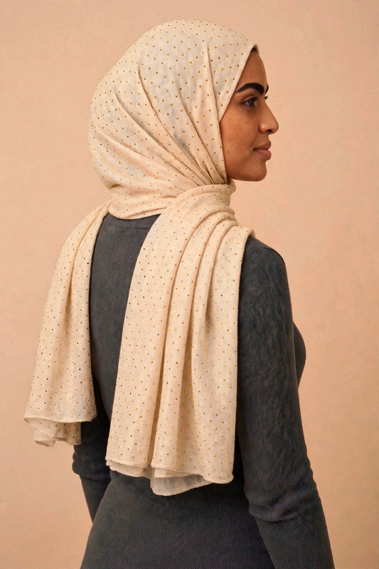 Ivory - Opera Hijab worn by a model — shoulder drape view
