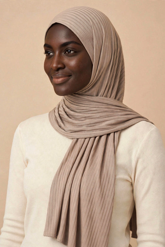 Model wearing the Light Coffee ribbed jersey hijab styled with a cream top - Concealed Muslimah