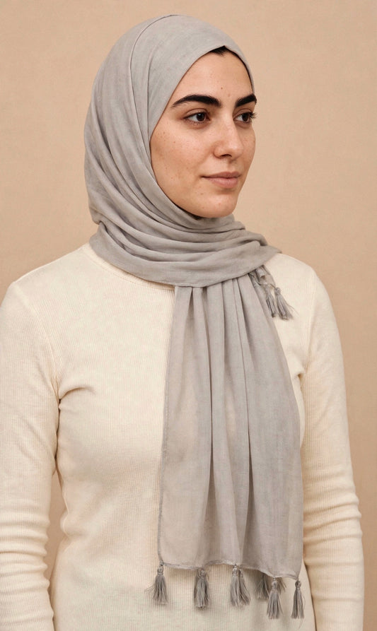 Light Grey Tassels Hijab on model