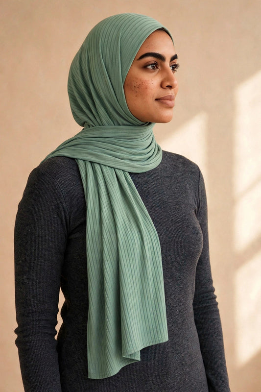 Model wearing the Light Sage ribbed jersey hijab styled with a charcoal top - Concealed Muslimah