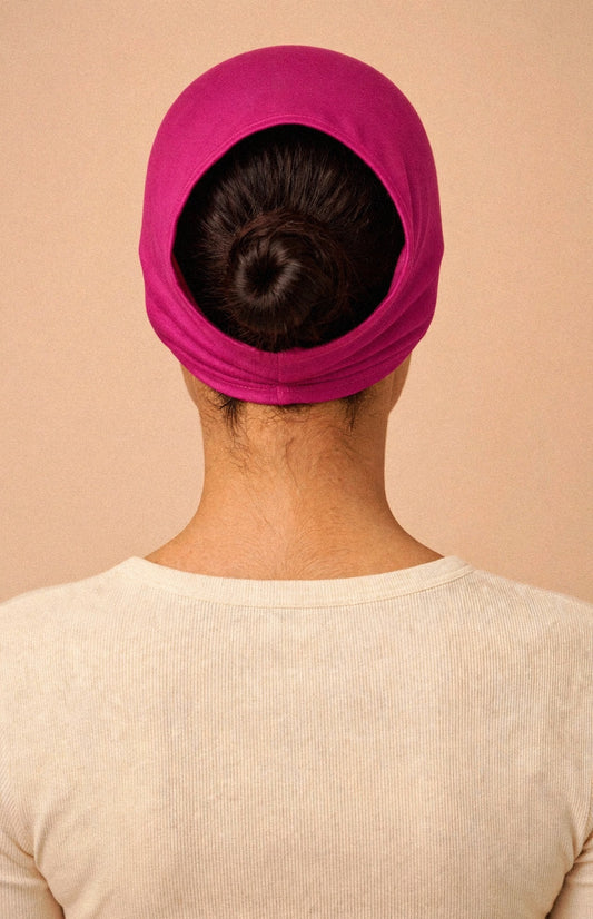 Magenta - Barely On Underscarf worn by a model — back view