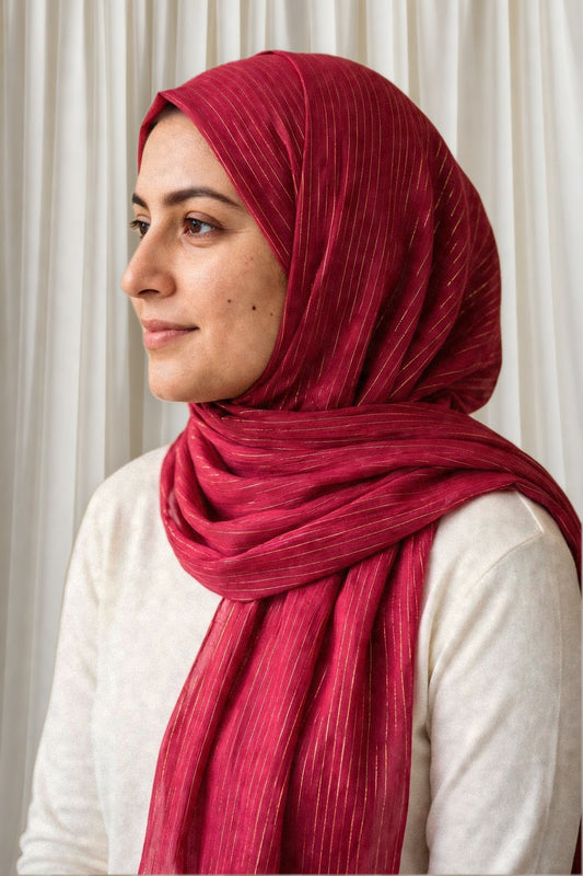 Model wearing the Maroon timeless edition hijab styled with a white top - Concealed Muslimah