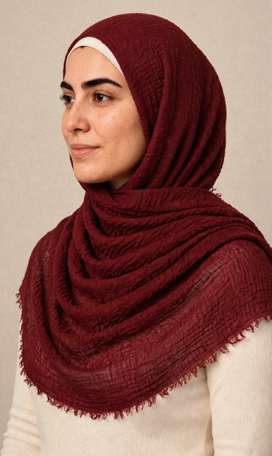 Model wearing the Maroon crimple hijab - Concealed Muslimah