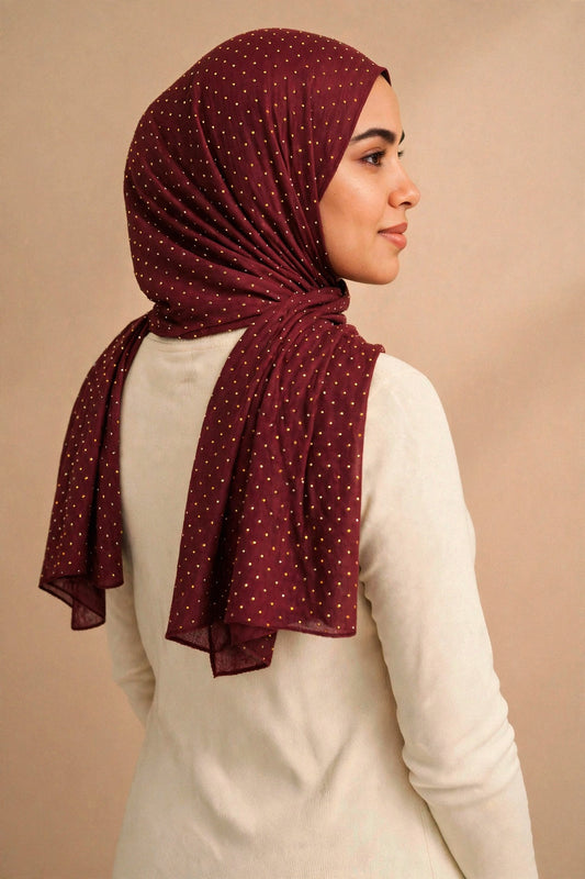 Maroon - Opera Hijab worn by a model — shoulder drape view