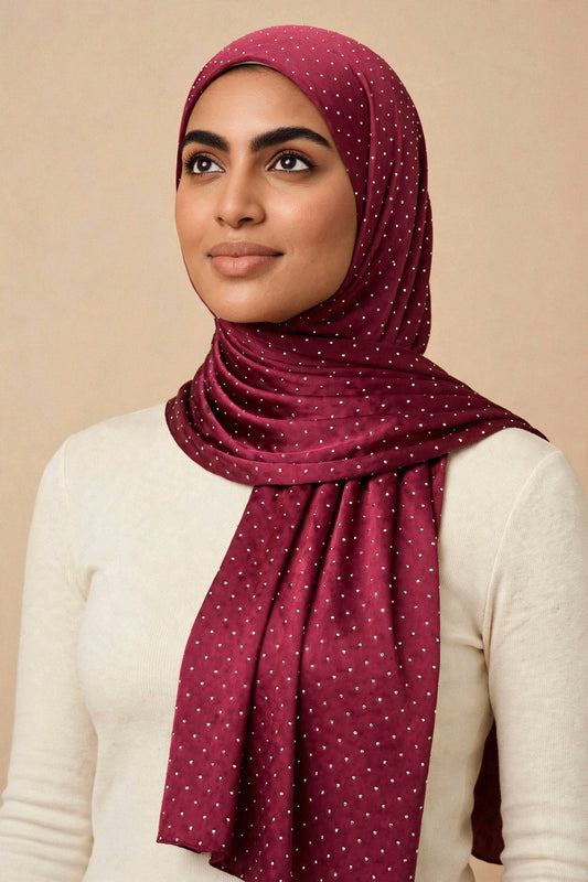 Model wearing the Maroon silken diamonds hijab styled with a cream top - Concealed Muslimah