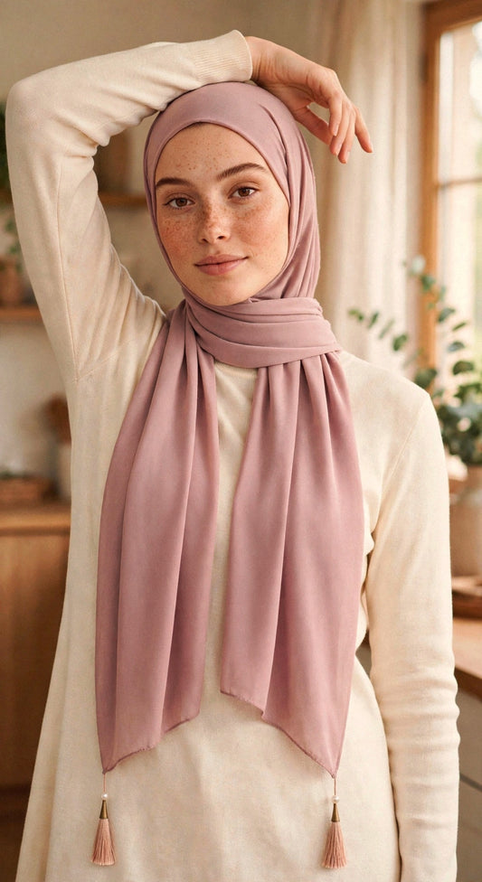 Model wearing the Mauve cleopatra hijab styled with a cream top - Concealed Muslimah