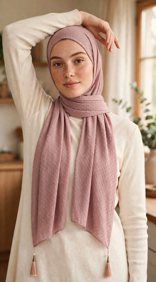 Model wearing the Mauve cleopatra hijab styled with a cream top - Concealed Muslimah