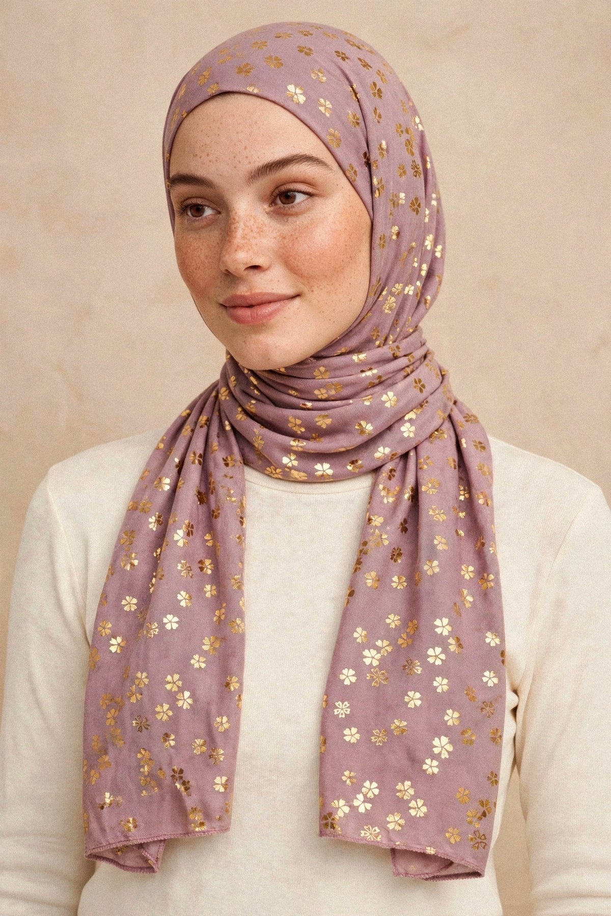 Model wearing the Mauve - Floral Imprints Hijab
