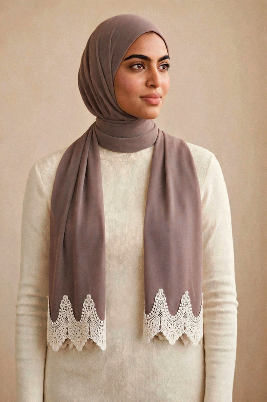 Mauve Lace Edge Hijab on model