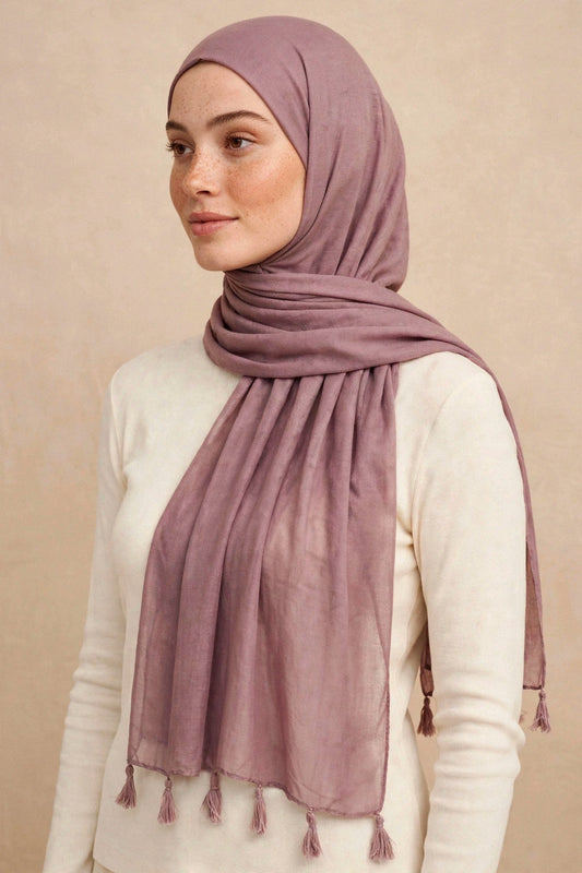 Mauve Tassels Hijab on model