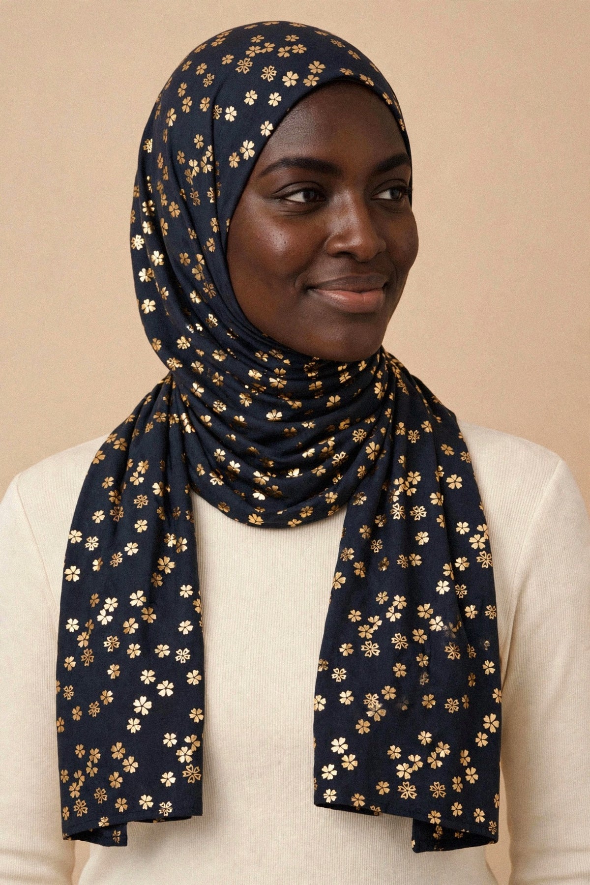 Model wearing the Midnight Navy - Floral Imprints Hijab