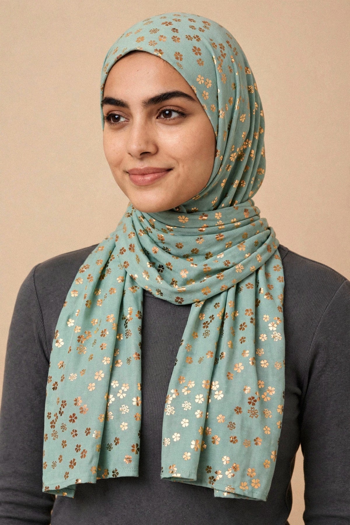 Model wearing the Mint - Floral Imprints Hijab