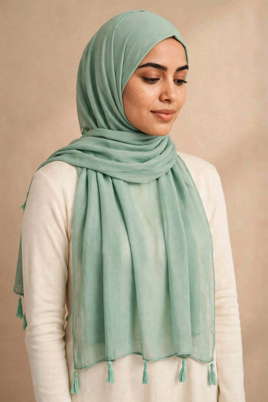 Mint Green Tassels Hijab on model