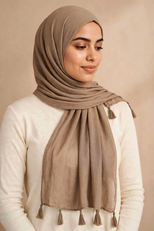 Mocha Tassels Hijab on model