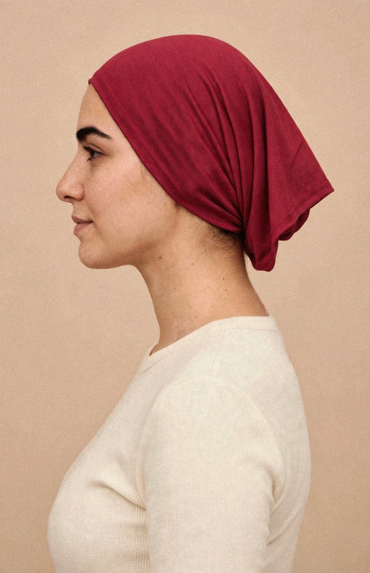 Mulberry - Barely On Underscarf worn by a model — side view