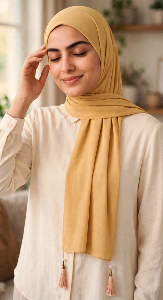Model wearing the Mustard cleopatra hijab styled with a cream top - Concealed Muslimah