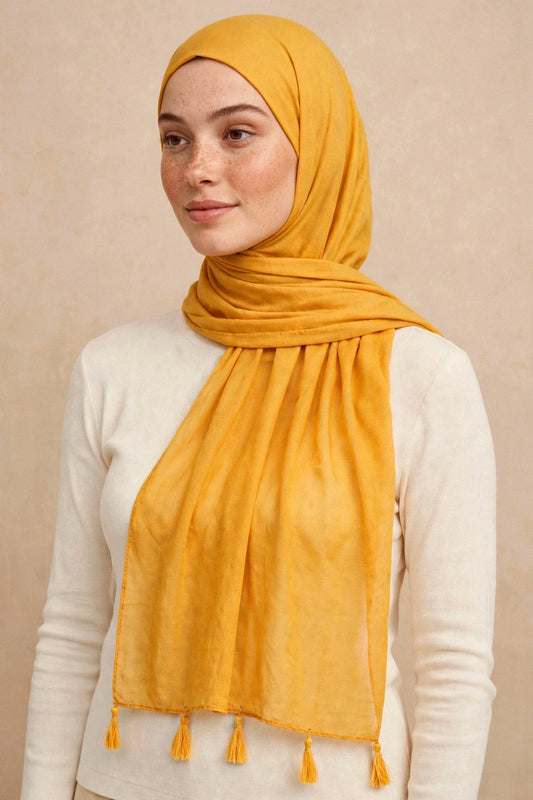 Mustard Tassels Hijab on model