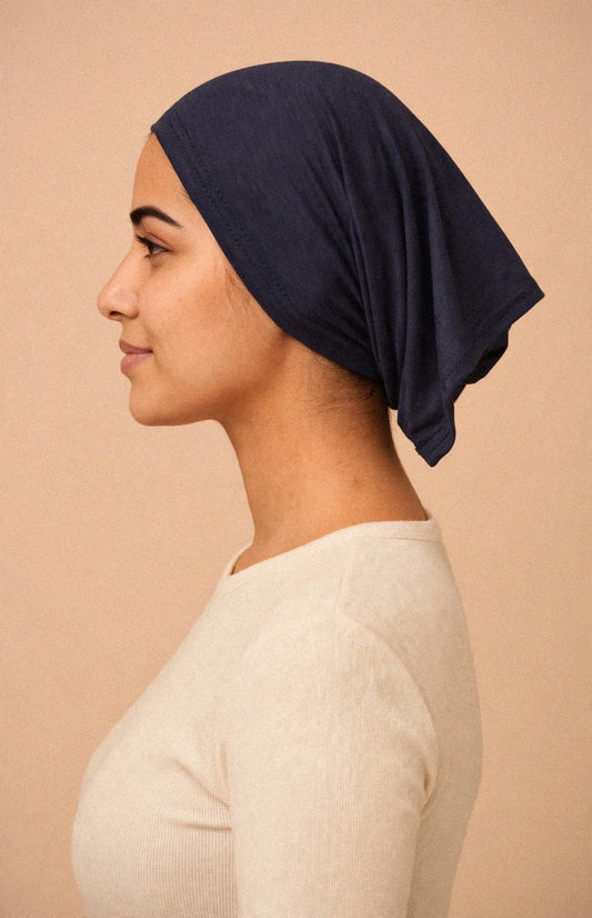 Navy Blue - Barely On Underscarf worn by a model — side view