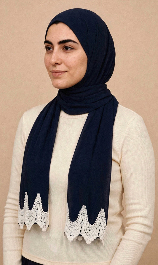 Navy Blue Lace Edge Hijab on model