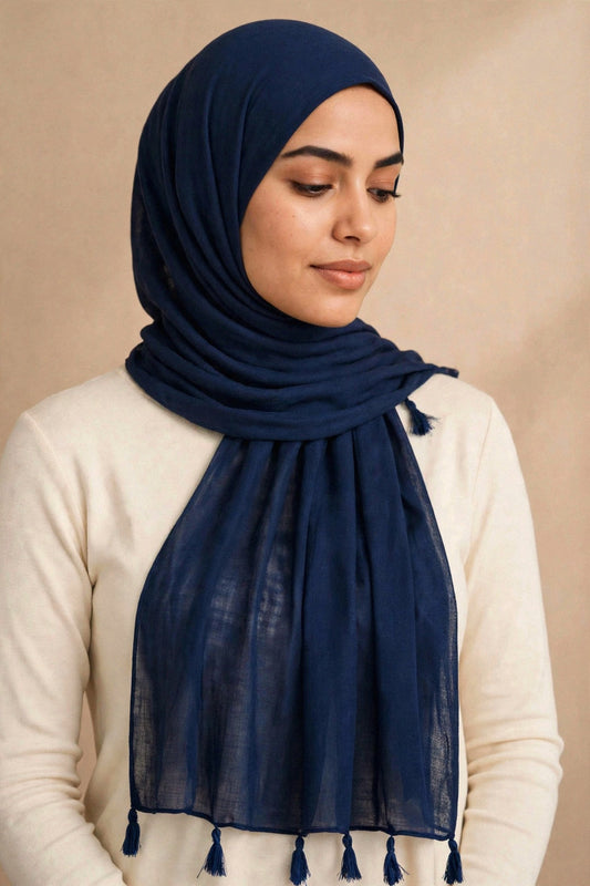 Navy Blue Tassels Hijab on model