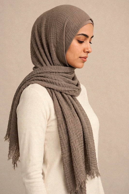 Model wearing the Nude crimple hijab - Concealed Muslimah