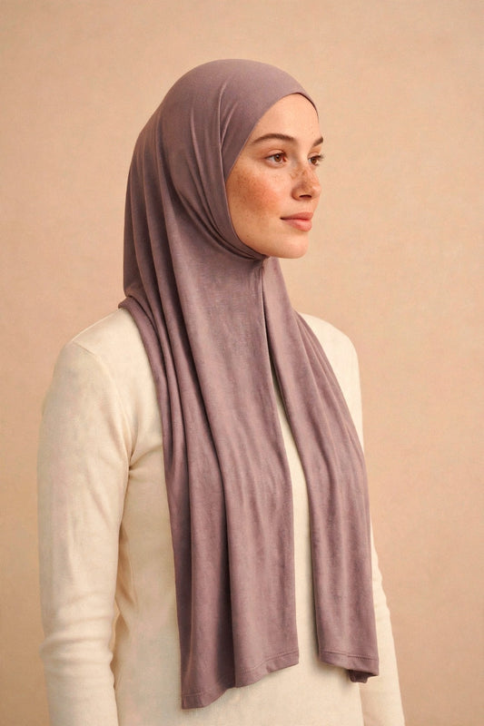 Model wearing the Nude premium jersey hijab styled with a cream top - Concealed Muslimah