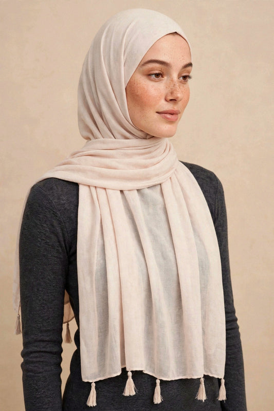 Off White Tassels Hijab on model
