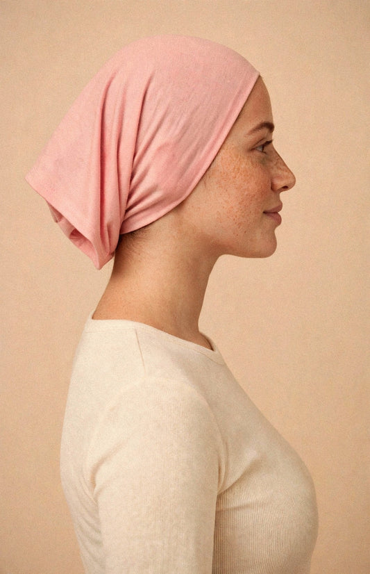 Pale Mauve - Barely On Underscarf worn by a model — side view
