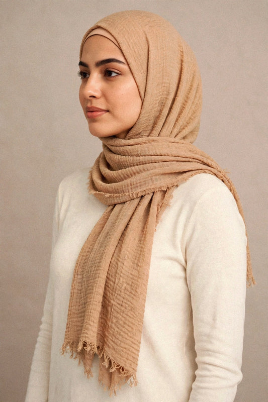 Model wearing the Pale Mustard crimple hijab - Concealed Muslimah