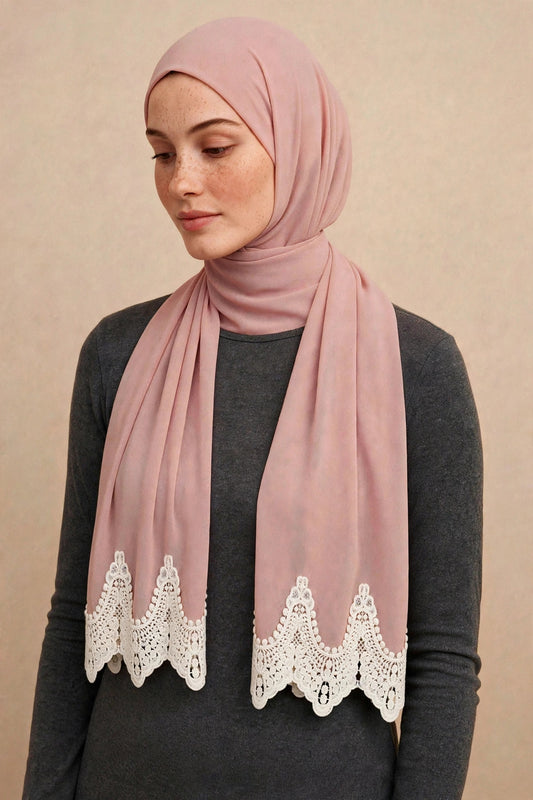 Pale Pink Lace Edge Hijab on model