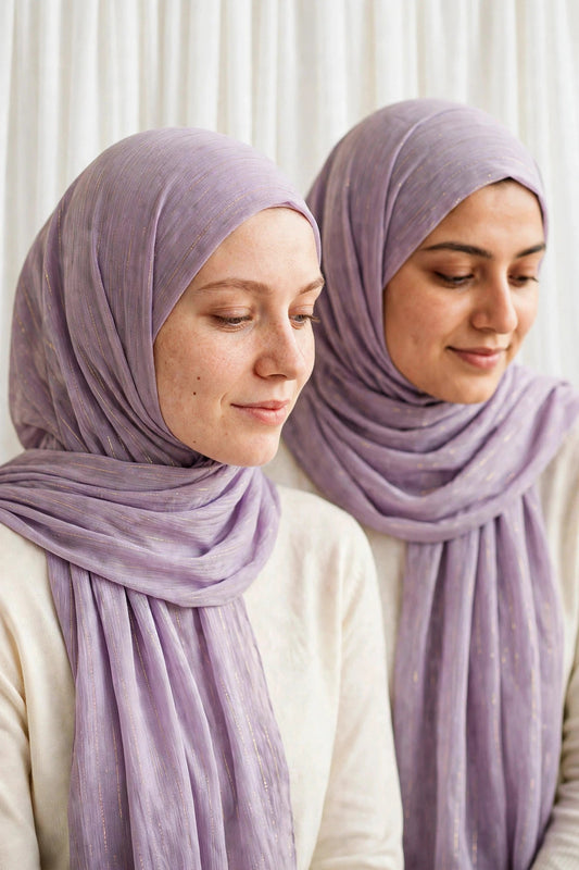 Models wearing the Pastel Lilac timeless edition hijab styled with white tops - Concealed Muslimah