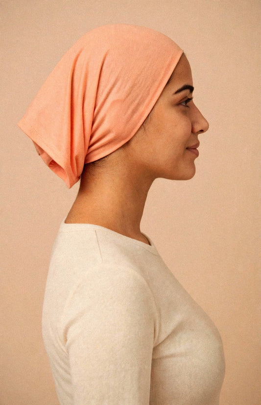 Peach - Barely On Underscarf worn by a model — side view
