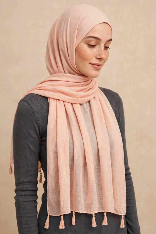 Peach Tassels Hijab on model