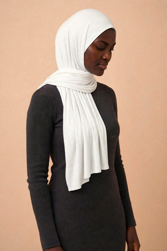 Model wearing the Pearl ribbed jersey hijab styled with a charcoal top - Concealed Muslimah