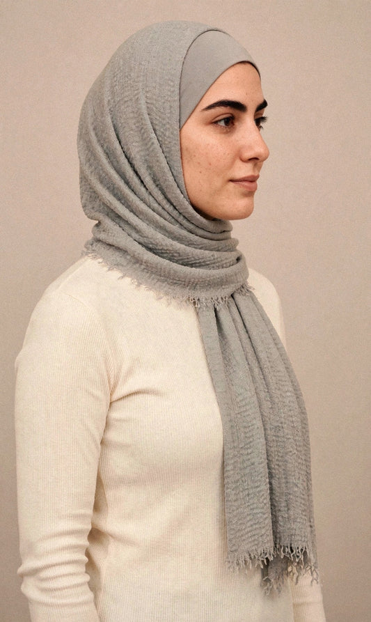 Model wearing the Pebble Grey crimple hijab - Concealed Muslimah