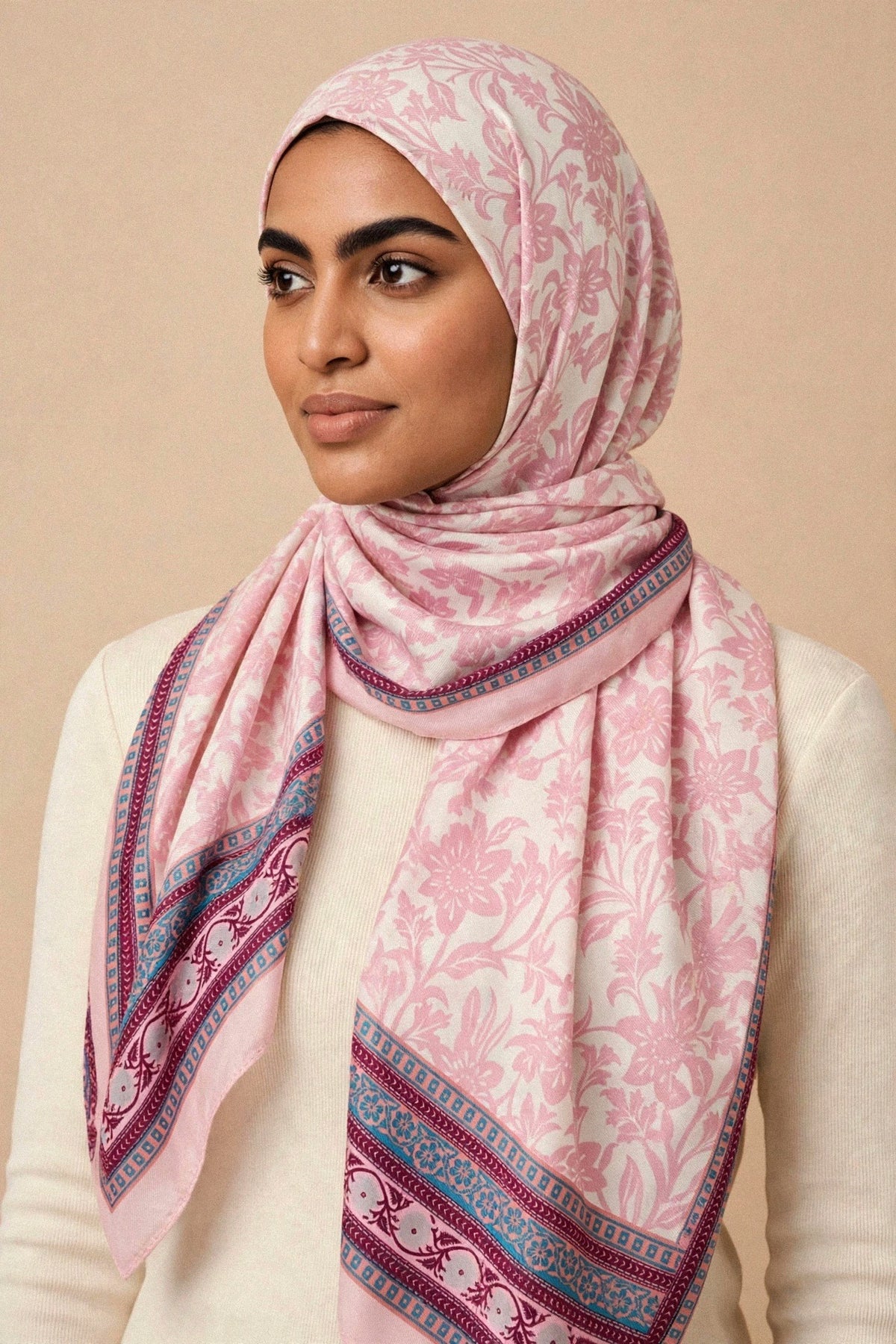 Model wearing the Pink Sapphire - Bohemian Printed Hijab
