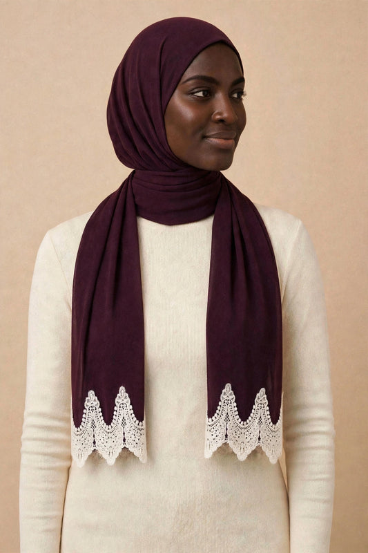 Plum Lace Edge Hijab on model
