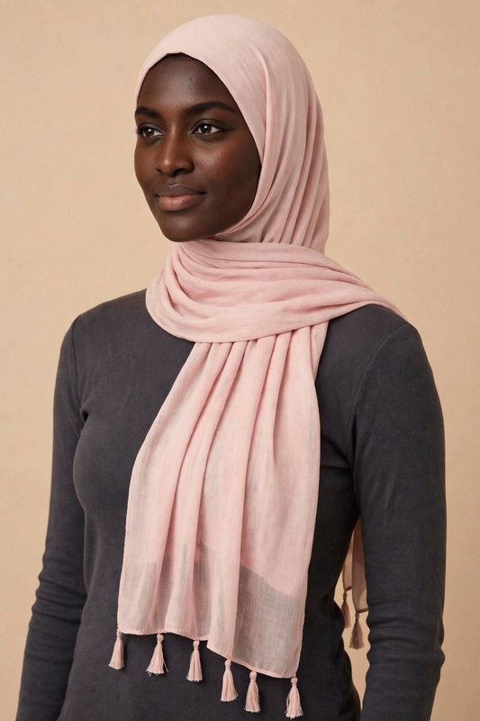 Powder Pink Tassels Hijab on model