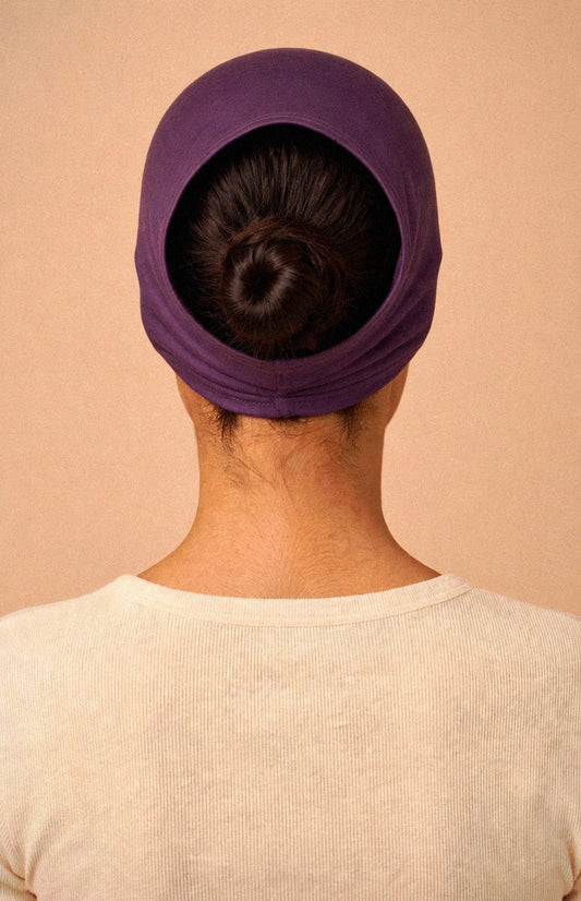 Purple - Barely On Underscarf worn by a model — back view