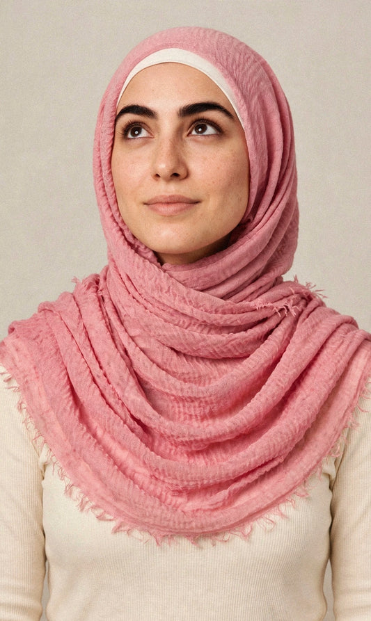 Model wearing the Rose Pink crimple hijab - Concealed Muslimah