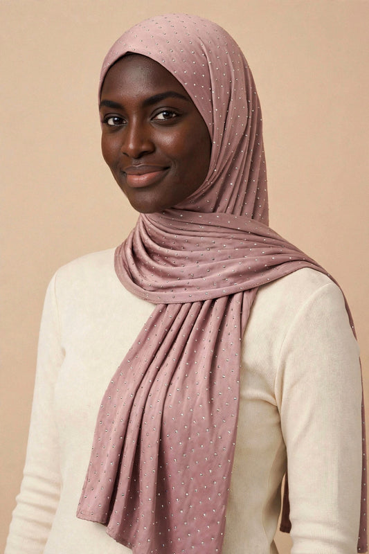 Model wearing the Rose Pink silken diamonds hijab styled with a cream top - Concealed Muslimah