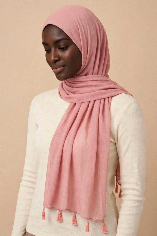 Rose Pink Tassels Hijab on model