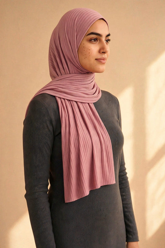 Model wearing the Rose Quartz ribbed jersey hijab styled with a charcoal top - Concealed Muslimah