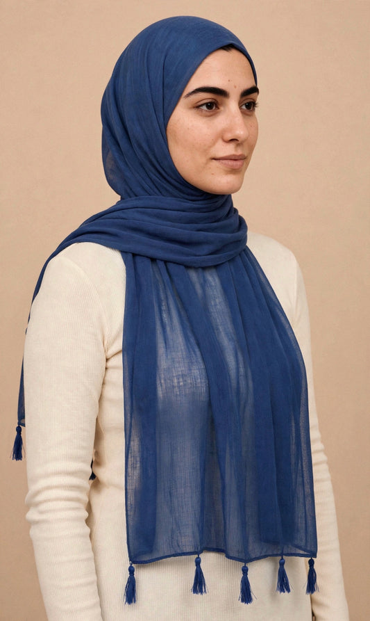 Royal Blue Tassels Hijab on model