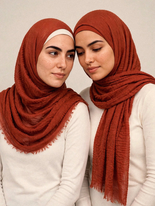 Model wearing the Rust crimple hijab - Concealed Muslimah