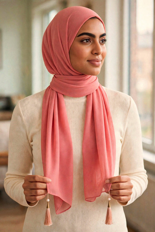 Model wearing the Salmon Pink cleopatra hijab styled with a cream top - Concealed Muslimah