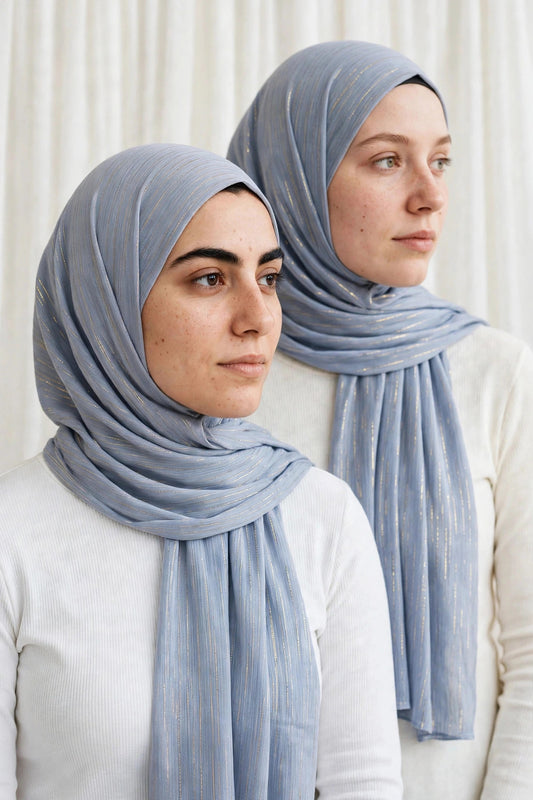 Models wearing the Silver Grey timeless edition hijab styled with white tops - Concealed Muslimah