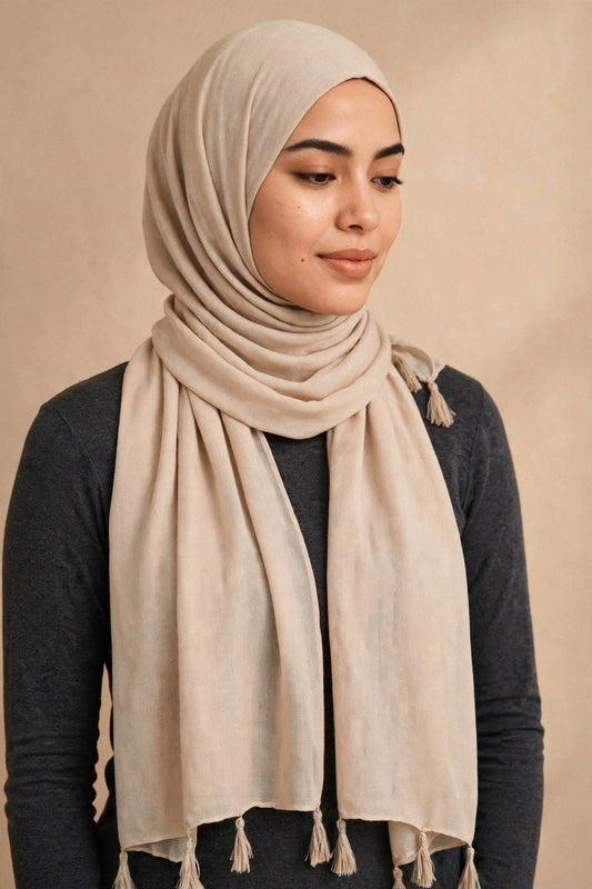 Skin Tassels Hijab on model