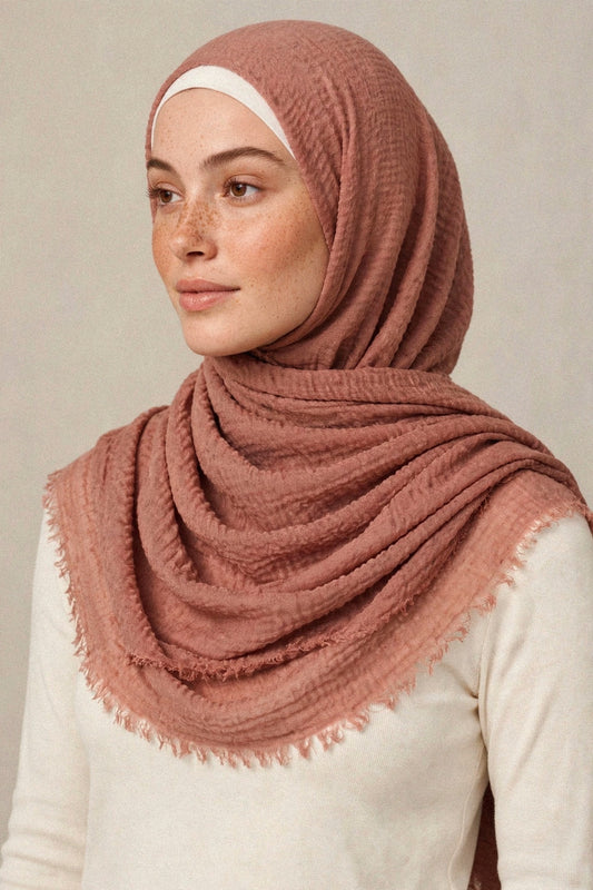 Model wearing the Subtle Rust crimple hijab - Concealed Muslimah